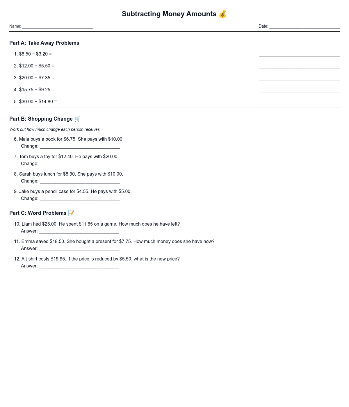 Subtracting Money Amounts