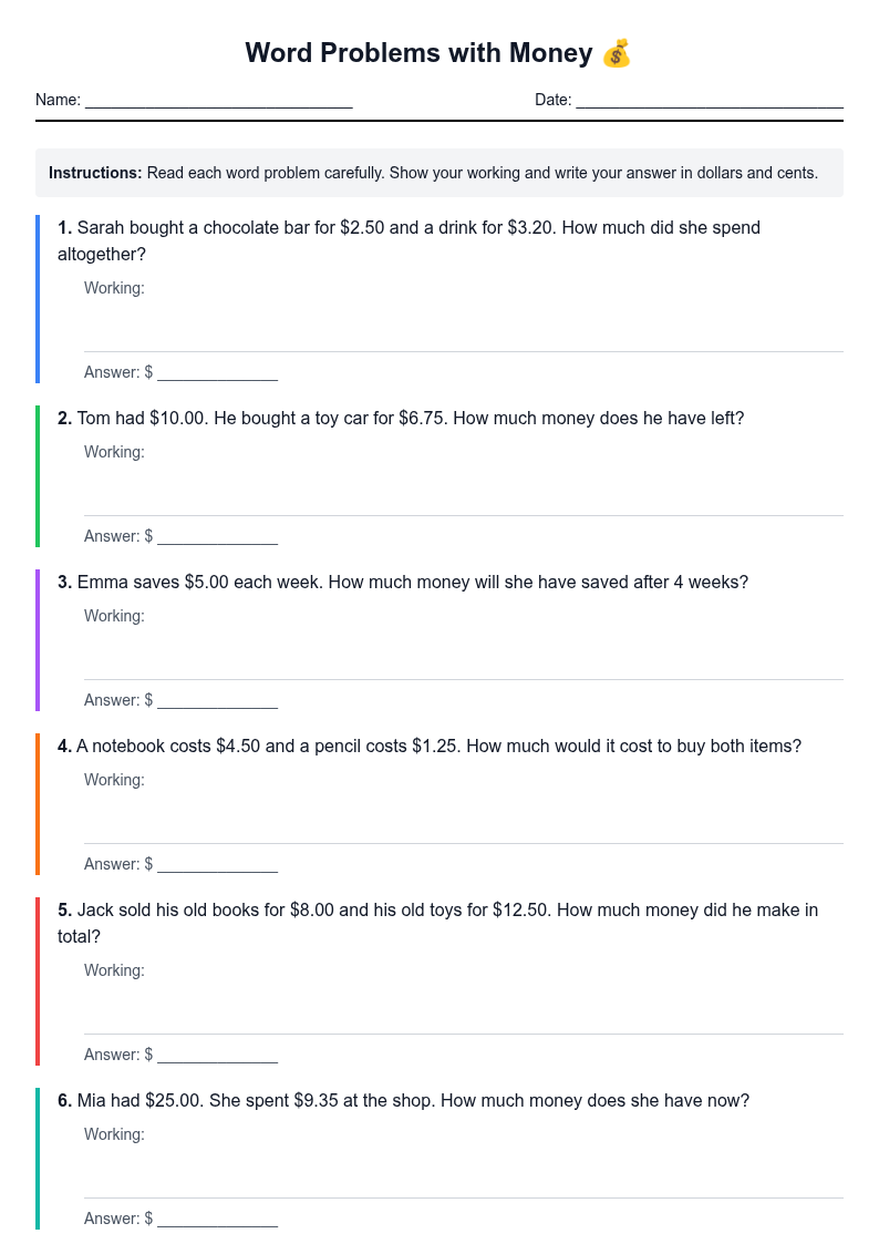 Word Problems with Money