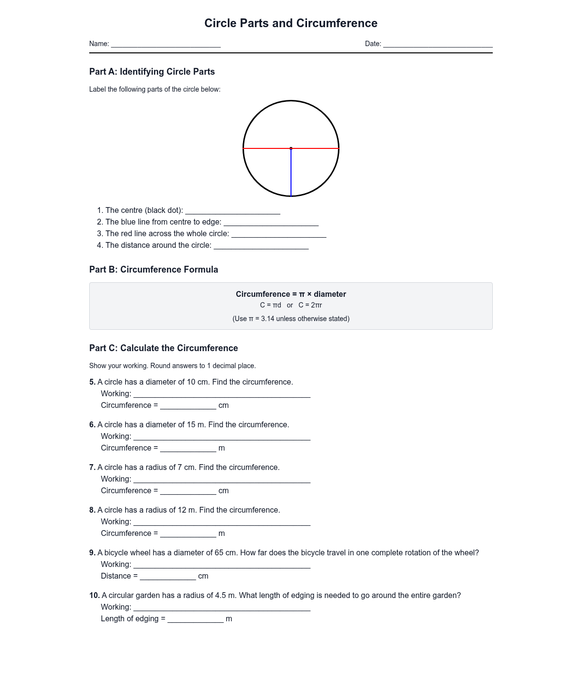 Circle Parts and Circumference