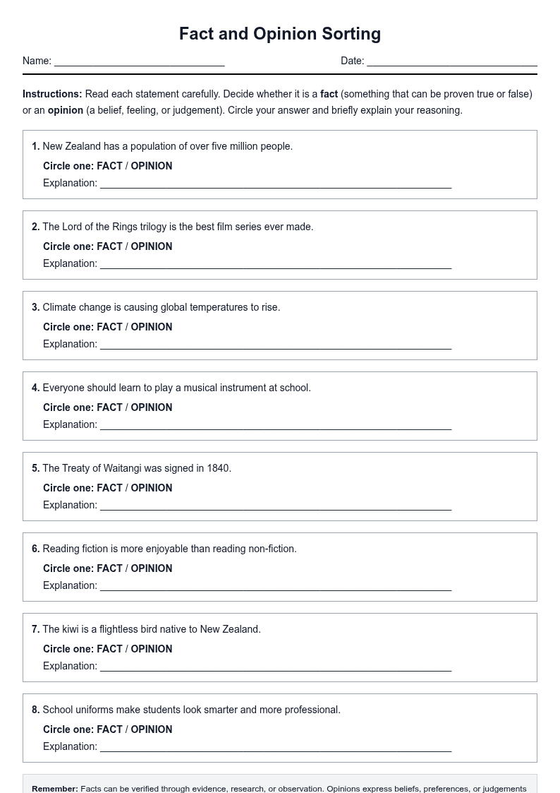 Fact and Opinion Sorting Worksheet