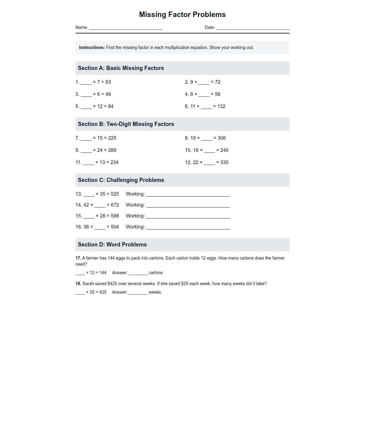Missing Factor Problems
