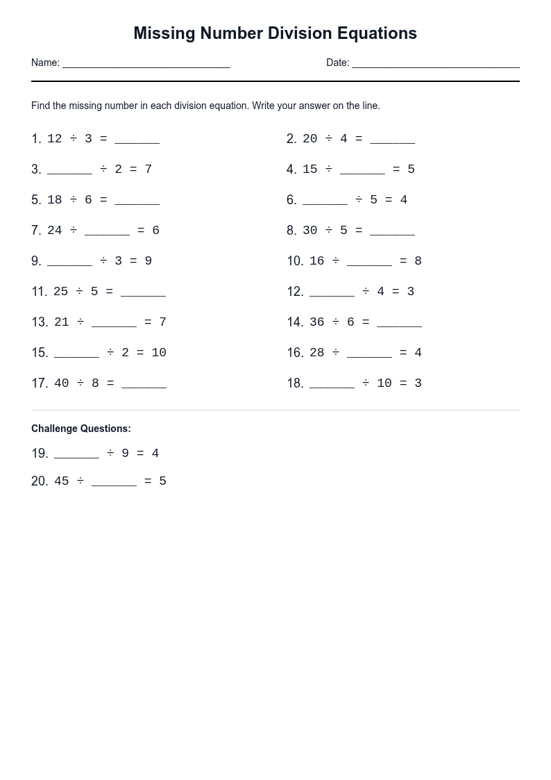 Missing Number Division Equations