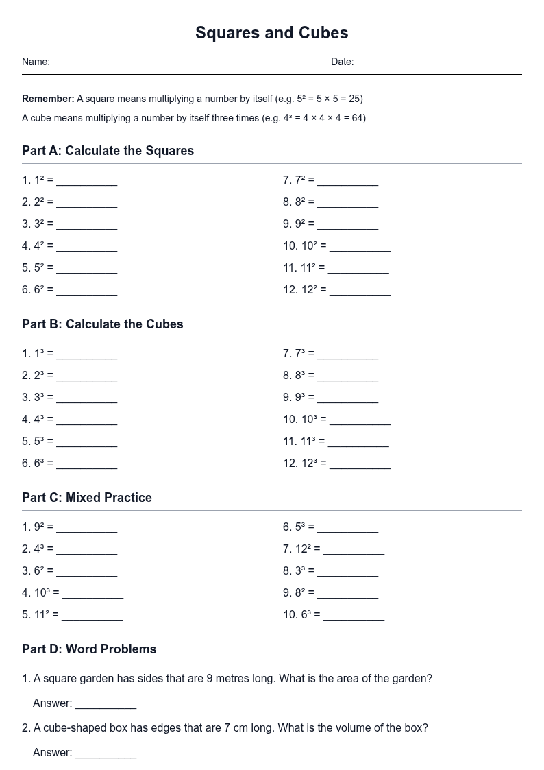 Squares and Cubes Practice Worksheet