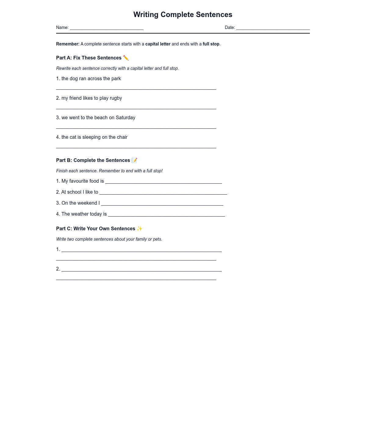 Writing Complete Sentences