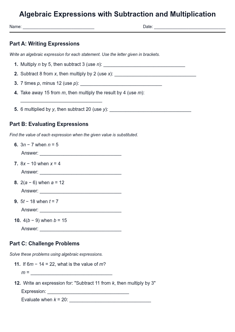 Algebraic Expressions with Subtraction and Multiplication
