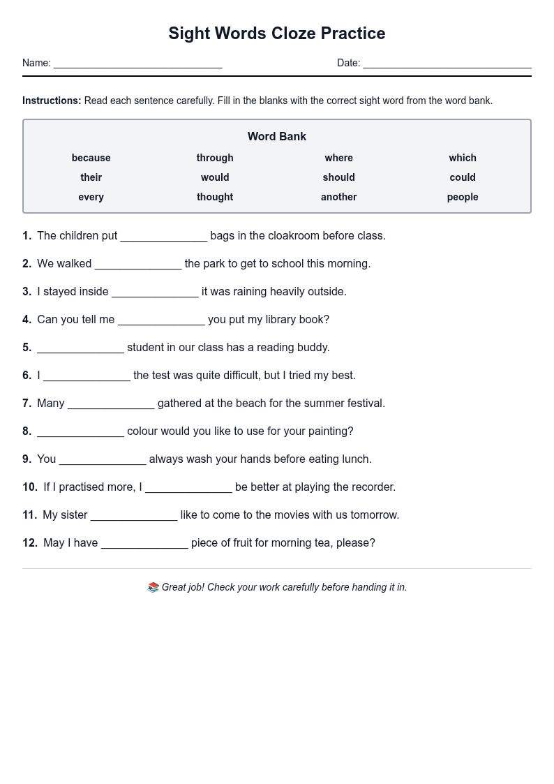 Sight Words Cloze Practice