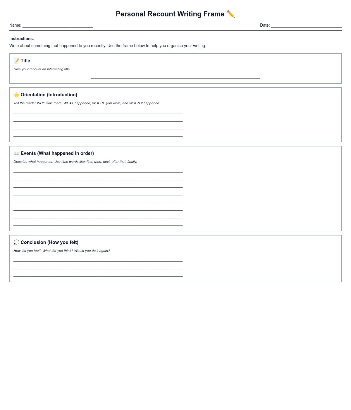 Personal Recount Writing Frame