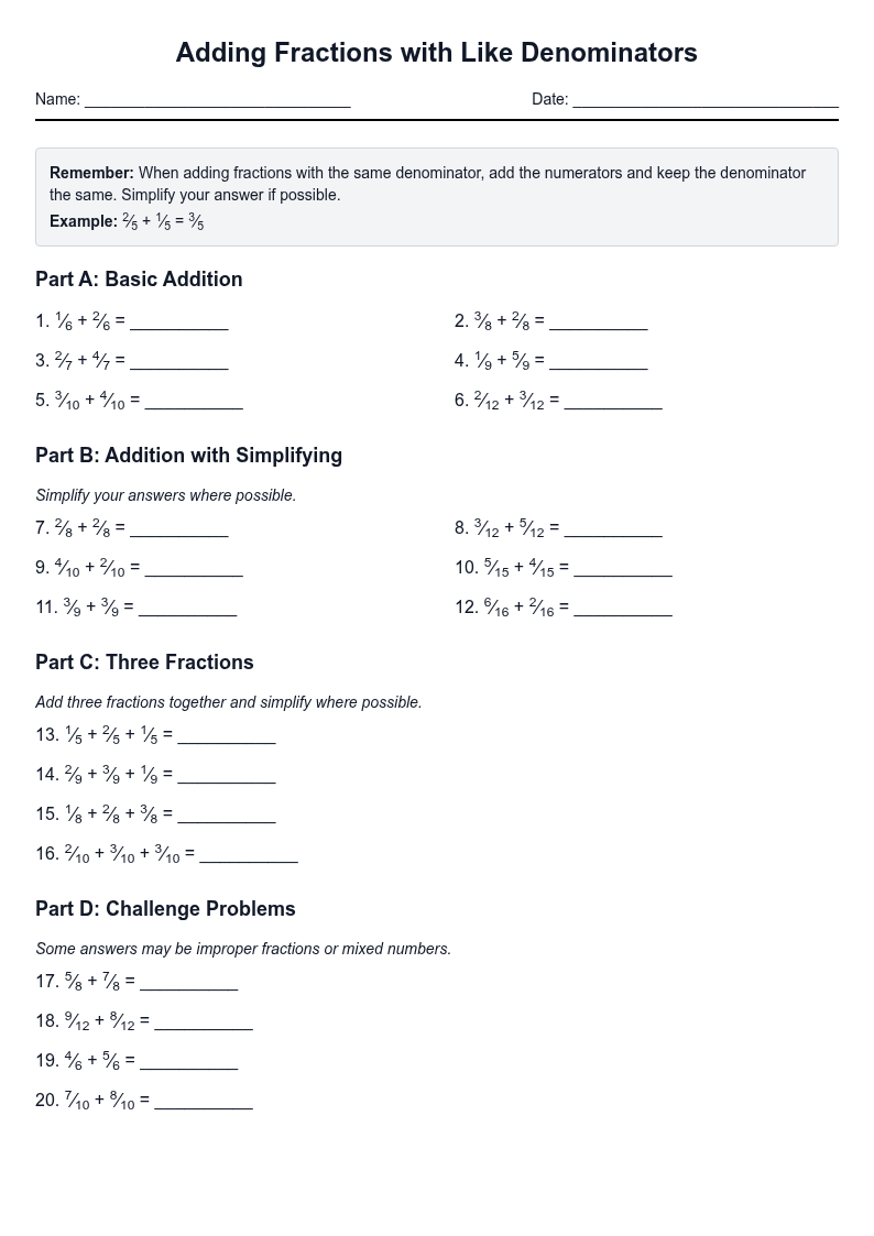 Adding Fractions with Like Denominators