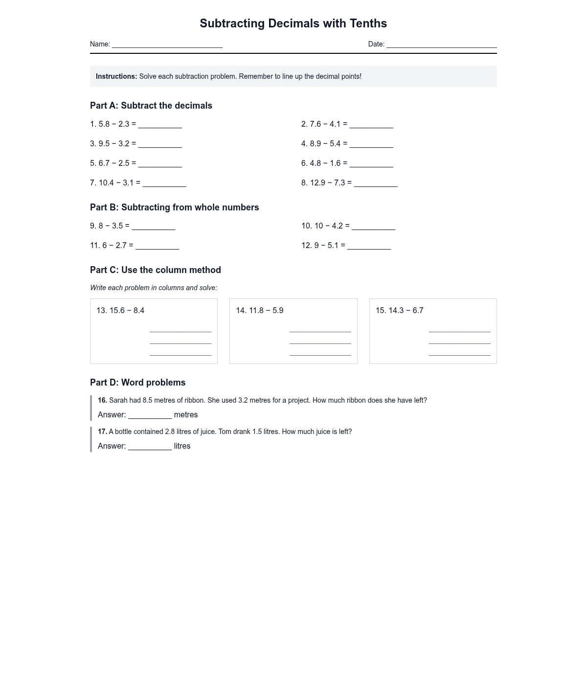 Subtracting Decimals with Tenths