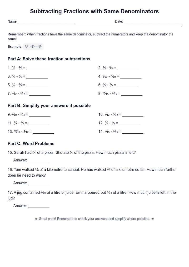 Subtracting Fractions with Same Denominators