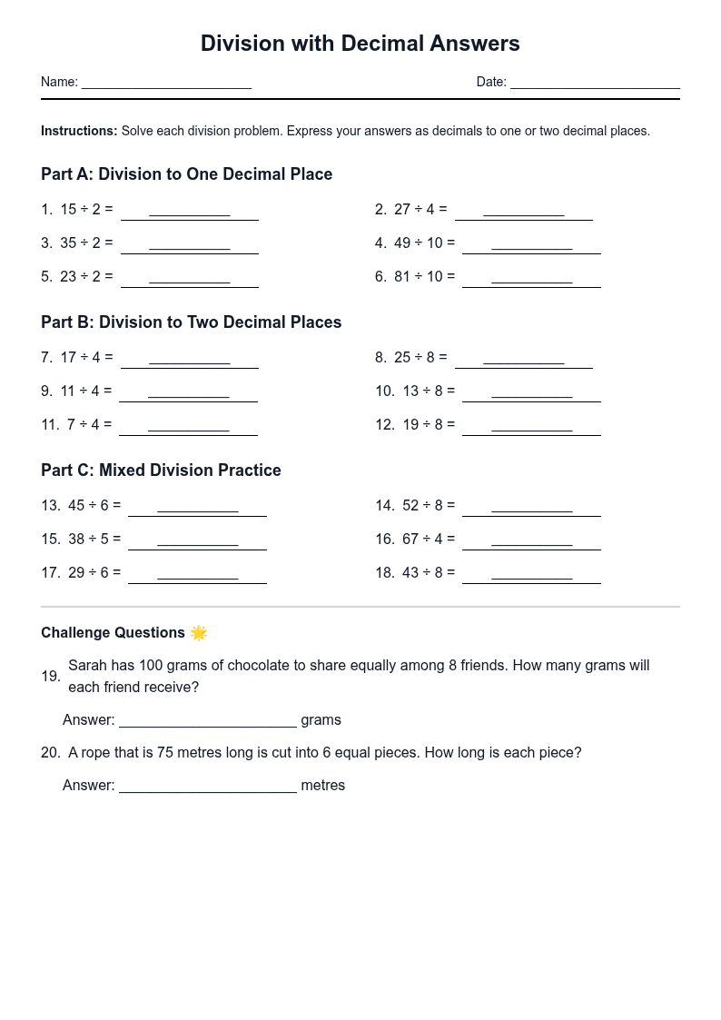 Division with Decimal Answers