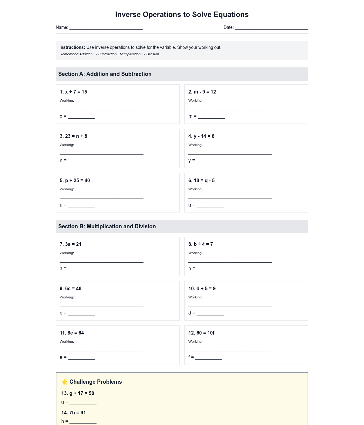 Inverse Operations to Solve Equations