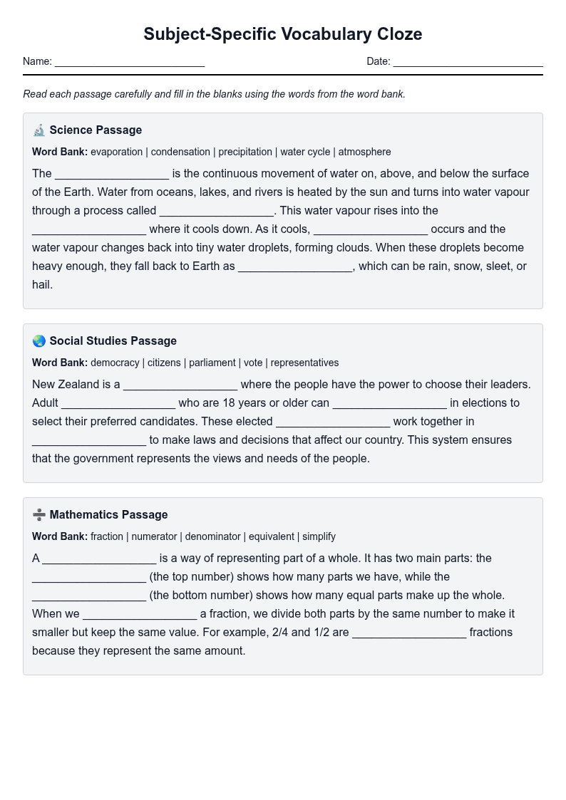 Subject-Specific Vocabulary Cloze
