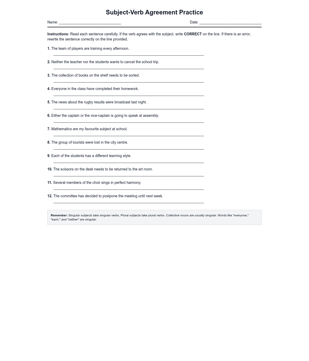 Subject-Verb Agreement Practice