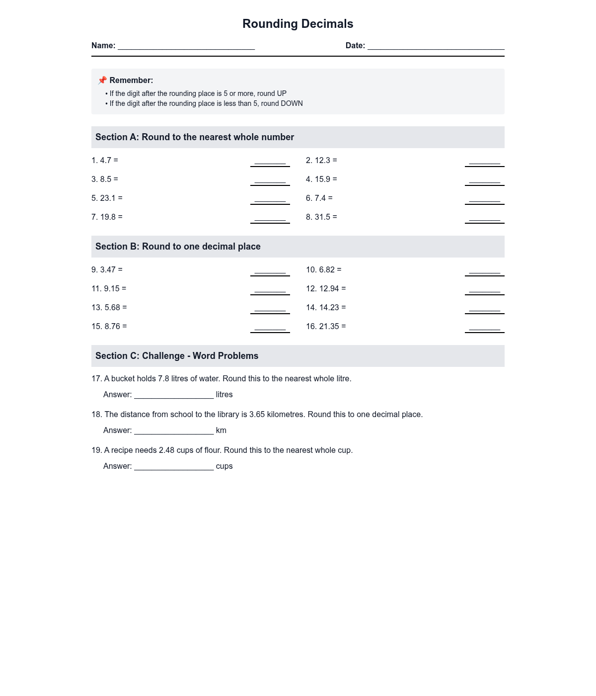 Rounding Decimals to Nearest Whole Number