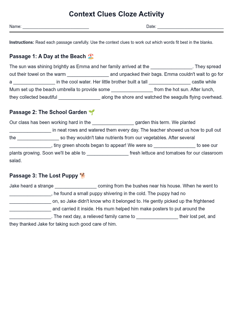 Context Clues Cloze Activity