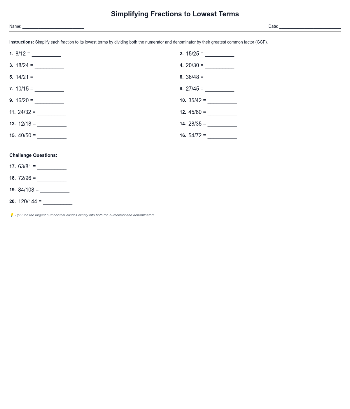 Simplifying Fractions to Lowest Terms